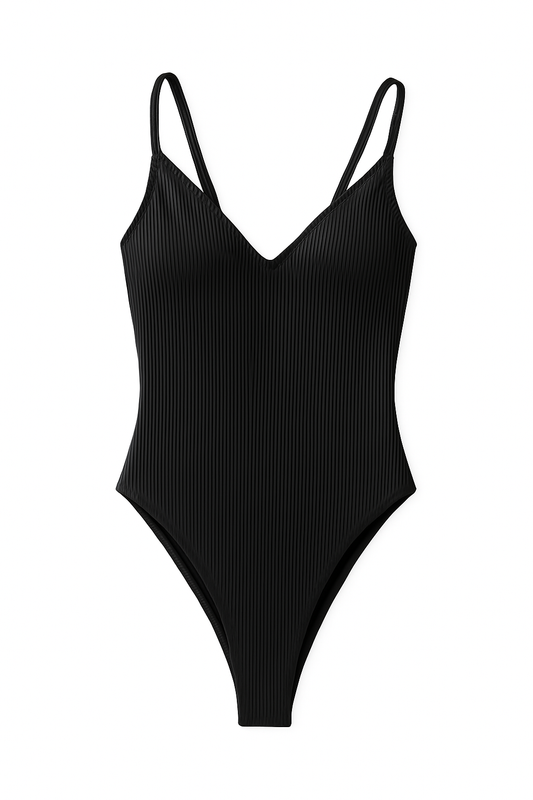 Black Ribbed One Piece Swimsuit